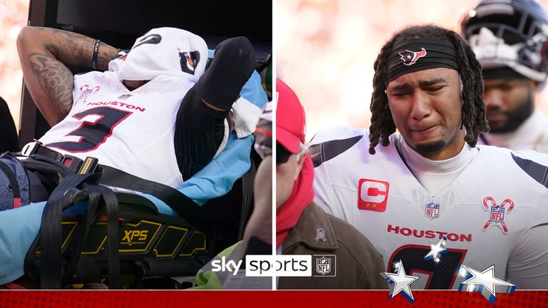 Houston Texans quarterback C.J. Stroud reacts after teammate Tank Dell was injured while catching a touchdown pass during the second half of an NFL football game against the Kansas City Chiefs Saturday, Dec. 21, 2024, in Kansas City, Mo.