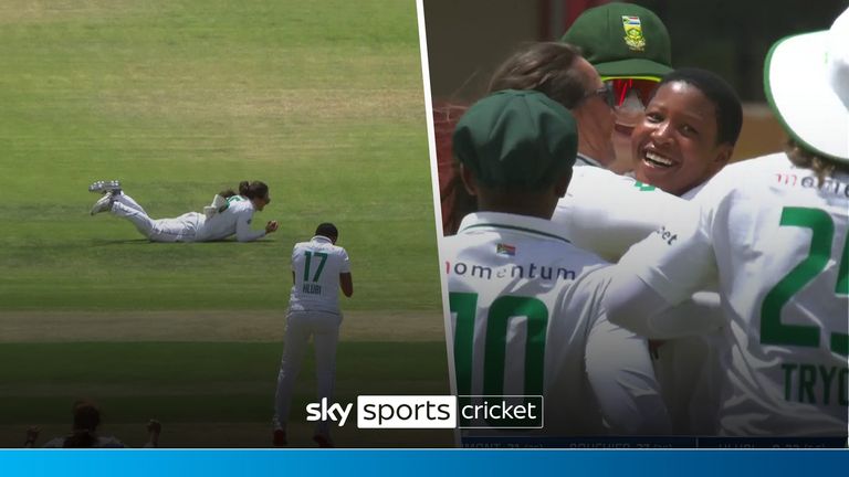 Tammy Beaumont departs for 21 after chipping it straight to Sune Luus, giving South Africa the important breakthrough.