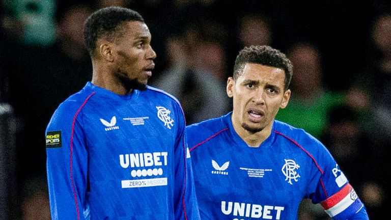 GLASGOW, SCOTLAND - DECEMBER 15: Rangers' James Tavernier (R) and Dujon Sterling look dejected during the Premier Sports Cup Final between Celtic and Rangers at Hampden Park, on December 15, 2024, in Glasgow, Scotland. (Photo by Craig Foy / SNS Group)