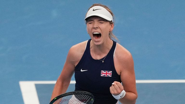 Britain's Katie Boulter reacts during her match against Argentina's Nadia Podoroska at the United Cup tennis tournament in Sydney, Australia, Monday, Dec. 30, 2024. (AP Photo/Mark Baker)