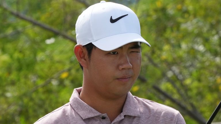 Tom Kim, of South Korea, lines up his driver on the third green during the third round of the Hero World Challenge PGA Tour at the Albany Golf Club, in New Providence, Bahamas, Saturday, Dec. 7, 2024. (AP Photo/Fernando Llano) 