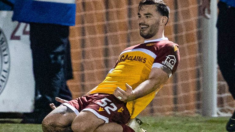 PAISLEY, SCOTLAND - DECEMBER 07: Motherwell's Tony Watt celebrates scoring to make it 1-0 during a William Hill Premiership match between St Mirren and Motherwell at the SMiSA Stadium, on December 07, 2024, in Paisley, Scotland. (Photo by Alan Harvey / SNS Group)