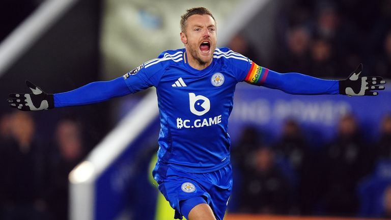 Jamie Vardy celebrates scoring for Leicester against West Ham