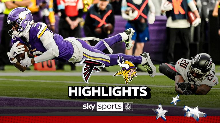 Minnesota Vikings wide receiver Jordan Addison dives into the end zone ahead of Atlanta Falcons cornerback Dee Alford