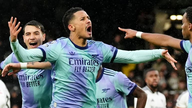 Arsenal's William Saliba (centre) celebrates the equaliser