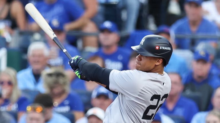 New York Yankees outfielder Juan Soto (22) takes a big swing in the first inning of game 3 of the ALDS between the New York Yankees and Kansas City Royals on October 9, 2024 at Kauffman Stadium in Kansas City, MO. (Photo by Scott Winters/Icon Sportswire) (Icon Sportswire via AP Images)