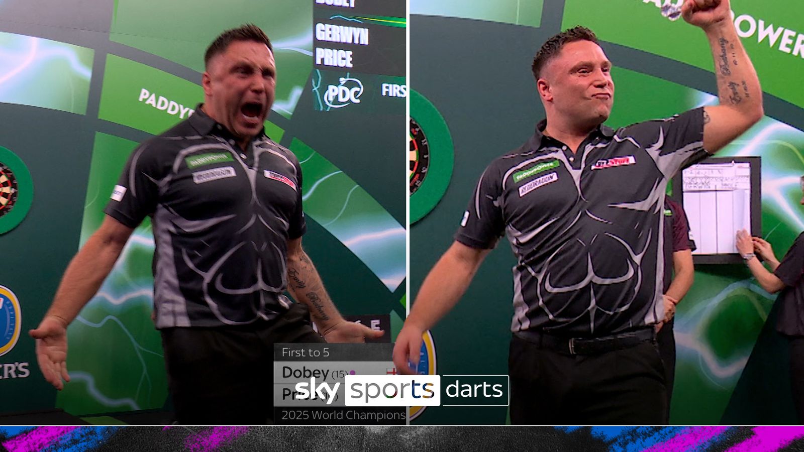 Gerwyn Price riles up the crowd as Chris Dobey misses five match darts ...