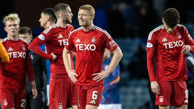 GLASGOW, SCOTLAND - JANUARY 15: Aberdeen&#39;s Sivert Heltne Nilsen looks dejected at full time during a William Hill Premiership match between Rangers and Aberdeen at Ibrox Stadium, on January 15, 2025, in Glasgow, Scotland.   (Photo by Alan Harvey / SNS Group)