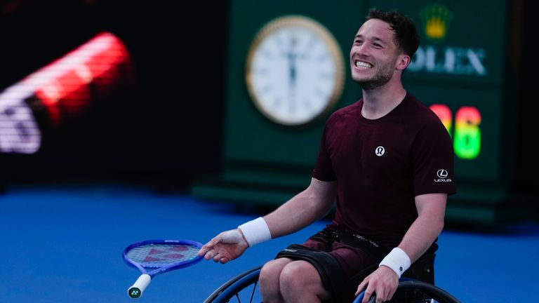 Alfie Hewett of Britain reacts after defeating Tokito Oda of Japan in the men's wheelchair final at the Australian Open tennis championship in Melbourne, Australia, Saturday, Jan. 25, 2025. (AP Photo/Manish Swarup)