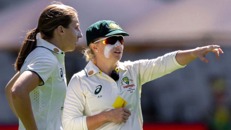 Australia's Darcie Brown (left) and Alyssa Healy (right) during the Women's Ashes Test against Australia at the Melbourne Cricket Ground (Associated Press)