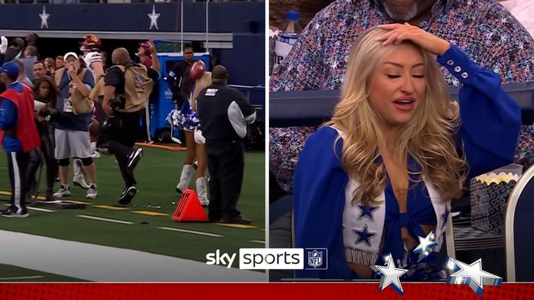 A Dallas Cowboys cheerleader was struck in the back of the head by a kick-off but thankfully was fine after the incident!