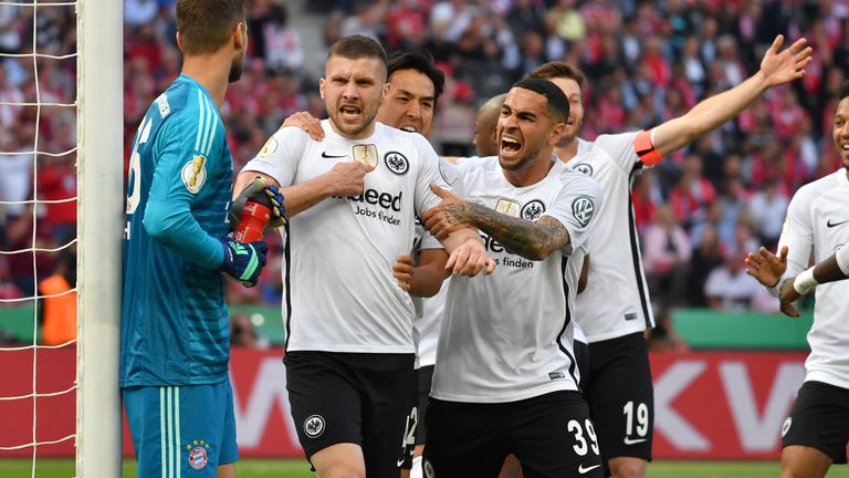 Ante Rebic celebrates with Omar Mascarell after scoring in the German Cup final for Eintracht Frankfurt against Bayern Munich in 2018