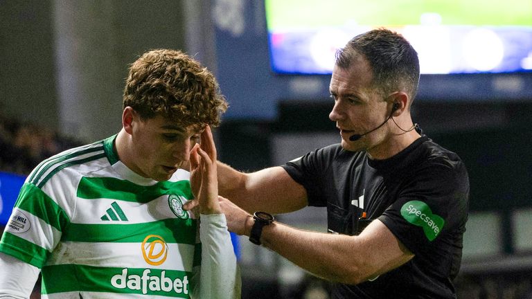 Celtic's Arne Engels was struck by a coin at Ibrox