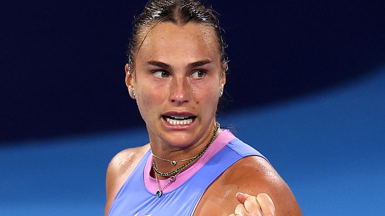 Belarus' Aryna Sabalenka celebrates winning the first set against Kazakhstan's Yulia Putintseva during their match at the Brisbane International in Brisbane, Australia, Thursday, Jan. 2, 2025. (AP Photo/Pat Hoelscher)