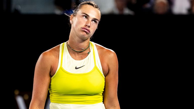 MELBOURNE, VIC - JANUARY 25: Aryna Sabalenka of Belarus shows her frustration during the Women's Singles Finals of the 2025 Australian Open on January 25 2025, at Melbourne Park in Melbourne, Australia. (Photo by Jason Heidrich/Icon Sportswire) (Icon Sportswire via AP Images)