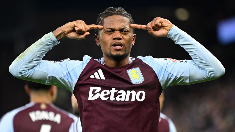 Leon Bailey of Aston Villa celebrates scoring his team's second goal