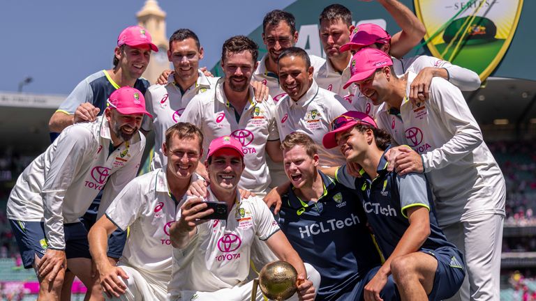 Australia celebrate with the Border-Gavaskar Trophy (Associated Press)