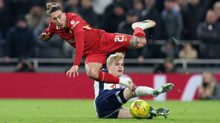 Lucas Bergvall tackles Kostas Tsimikas