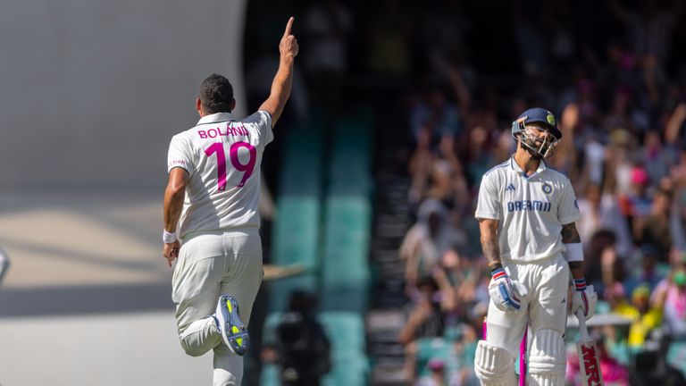 SYDNEY, AUSTRALIA - JANUARY 04: Scott Boland of Australia celebrates after taking the wicket of Virat Kohli on day two of the fifth Border Gavaskar Trophy NRMA Insurance Test match between Australia and India at the Sydney Cricket on January 4, 2025 in Sydney, Australia. (Photo by Santanu Banik/Speed ​​Media/Icon Sportswire) (Icon Sportswire via AP Images)