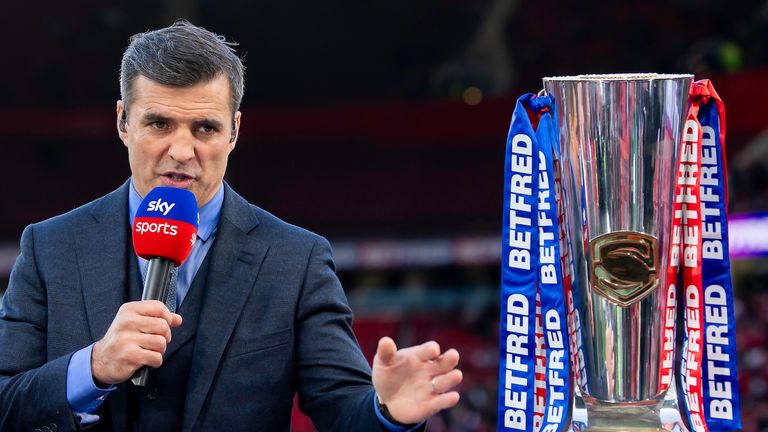Picture by Allan McKenzie/SWpix.com - 12/10/2024 - Rugby League - Betfred Super League Grand Final - Wigan Warriors v Hull KR - Old Trafford, Manchester, England - Brian Carney with the Betfred Super League trophy.