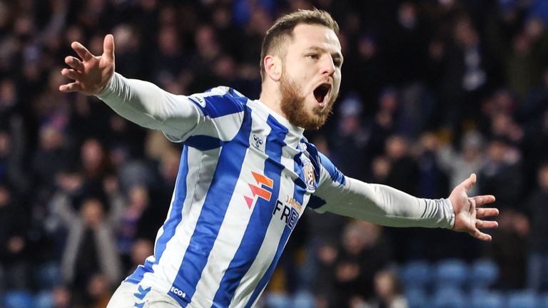 KILMARNOCK, SCOTLAND - JANUARY 02: Kilmarnock's Bruce Anderson celebrates after scoring a penalty to make it 2-0 during a William Hill Premiership match between Kilmarnock and St Mirren at The BBSP Stadium Rugby Park, on January 02, 2025, in Kilmarnock, Scotland.  (Photo by Ross MacDonald / SNS Group)