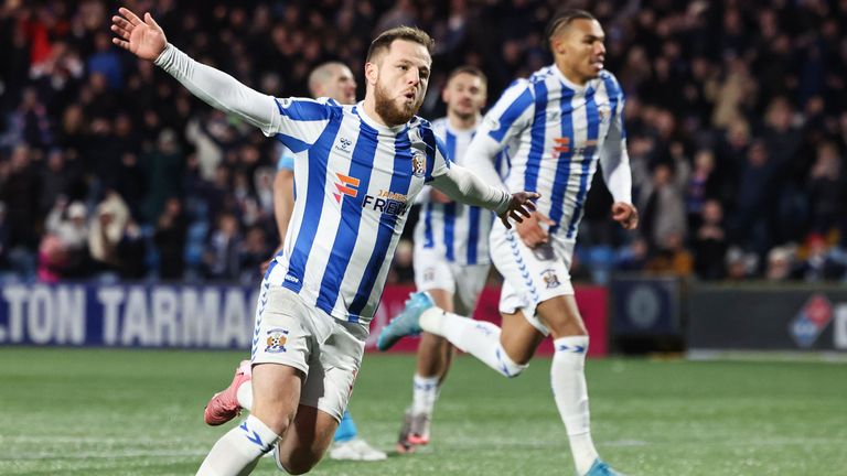 KILMARNOCK, SCOTLAND - JANUARY 02: Kilmarnock's Bruce Anderson celebrates after scoring a penalty to make it 2-0 during a William Hill Premiership match between Kilmarnock and St Mirren at The BBSP Stadium Rugby Park, on January 02, 2025, in Kilmarnock, Scotland.  (Photo by Ross MacDonald / SNS Group)