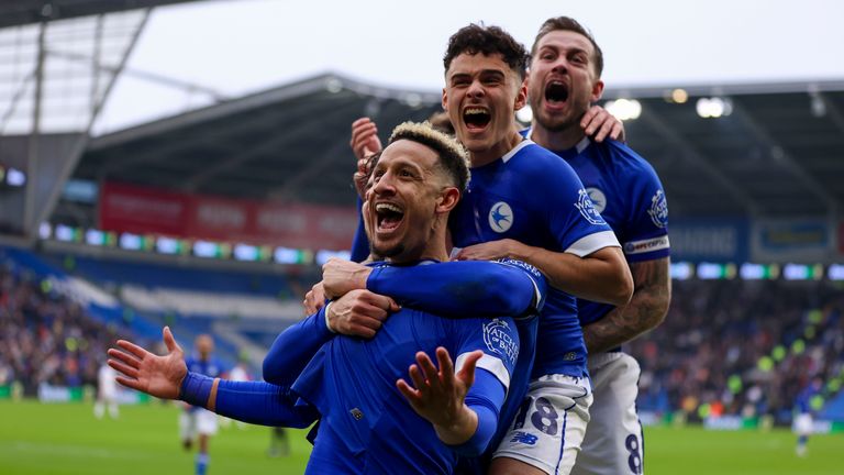 Callum Robinson of Cardiff City celebrates his second goal against Swansea City