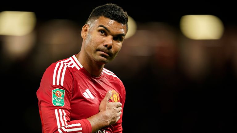 Manchester United's Casemiro reacts at halftime during the English League Cup soccer match between Manchester United and Barnsley at Old Trafford, Manchester, England, Tuesday, Sept. 17, 2024. (AP Photo/Dave Thompson)