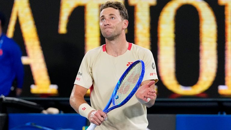 Casper Ruud of Norway reacts after defeating Jaume Munar of Spain in a first round match at the Australian Open tennis tournament in Melbourne, Australia, Sunday, January 12, 2025. (AP Photo/Vincent Thean)