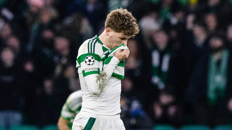 Celtic's Arne Engels looks dejected a first half penalty miss 