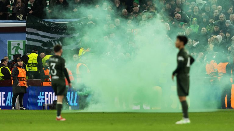 BIRMINGHAM, ENGLAND - JANUARY 29: Green smoke comes fromthe away section during a UEFA Champions League 2024/25 League Phase MD8 match between Aston Villa and Celtic at Villa Park, on January 29, 2025, in Birmingham, England. (Photo by Craig Foy / SNS Group)