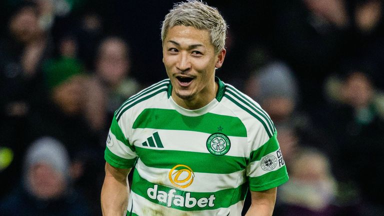 GLASGOW, SCOTLAND - JANUARY 08: Celtic's Daizen Maeda celebrates after scoring to make it 1-0 during a William Hill Premiership match between Celtic and Dundee United  at Celtic Park, on January 08, 2025, in Glasgow, Scotland. (Photo by Craig Foy / SNS Group)