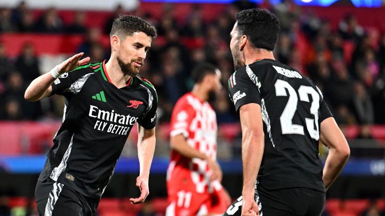 Jorginho celebrates after equalising for Arsenal from the penalty spot