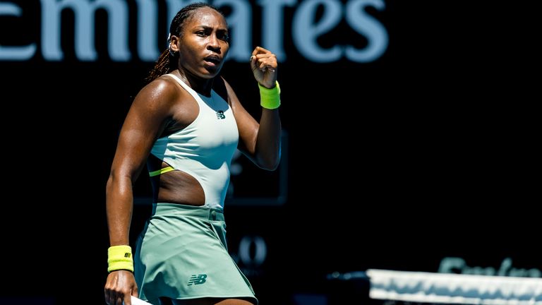 Coco Gauff of the Unites States of America celebrates during Round 1 of the 2025 Australian Open on January 13 2025, at Melbourne Park in Melbourne, Australia. (Photo by Jason Heidrich/Icon Sportswire) (Icon Sportswire via AP Images)