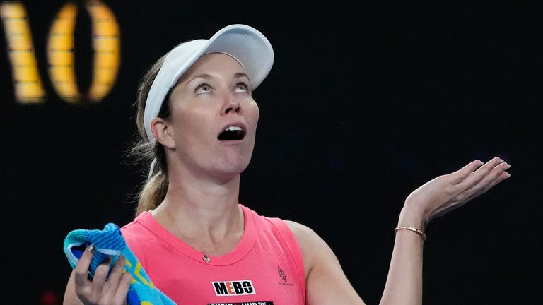 Danielle Collins reacts after defeating home favourite Destanee Aiava in their second-round match at the Australian Open