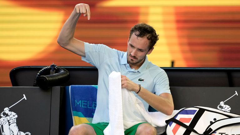 Daniil Medvedev of Russia gestures during a break in his first round match against Kasidit Samrej of Thailandat the Australian Open tennis championship in Melbourne, Australia, Tuesday, Jan. 14, 2025. (AP Photo/Ng Han Guan)