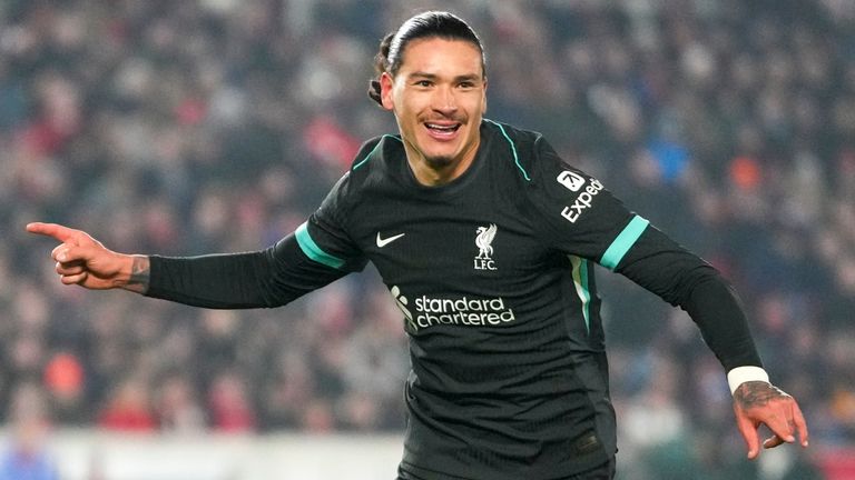 Liverpool player Darwin Nunez celebrates after scoring his team's second goal (AP Photo/Kirsty Wigglesworth)