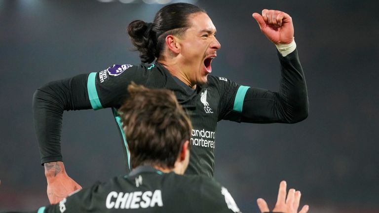 Liverpool's Darwin Nunez celebrates after scoring his side's second goal (AP Photo/Kirsty Wigglesworth)