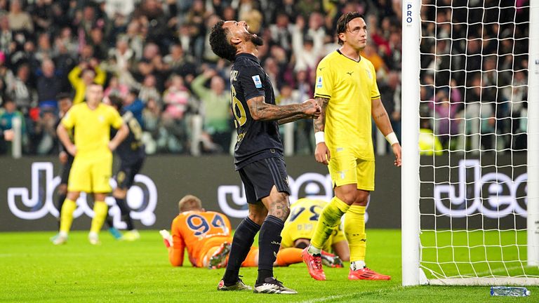 Juventus' Douglas Luiz celebrates after Lazio scores an own goal during a Serie A soccer match at Allianz Stadium in Turin, Italy, Saturday, October 19, 2024. (Marco Albuzzi/La Presse via AP)