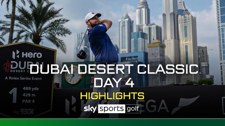 Tyrrell Hatton of England hits the first tee during the final round of the Dubai Desert Classic