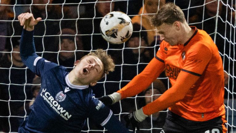 Dundee United's Sam Dalby sends a header towards the target during a William Hill Premiership match between Dundee and Dundee United at the Scot Foam Stadium at Dens Park, on January 02, 2025, in Dundee, Scotland.  (Photo by Ross Parker / SNS Group)