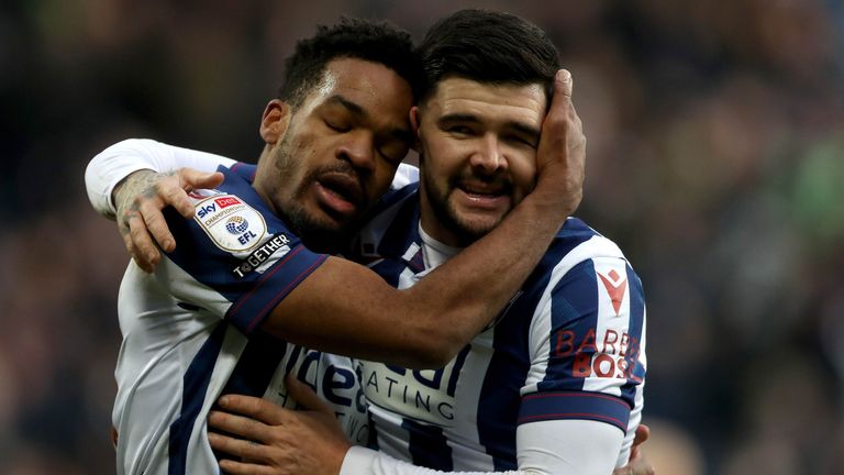 Grady Diangana celebrates with Alex Mowatt after scoring West Brom's fourth goal against Portsmouth