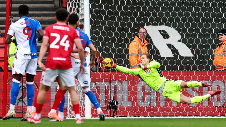 Blackburn keeper Aynsley Pears fails to stop Scott Twine's free-kick