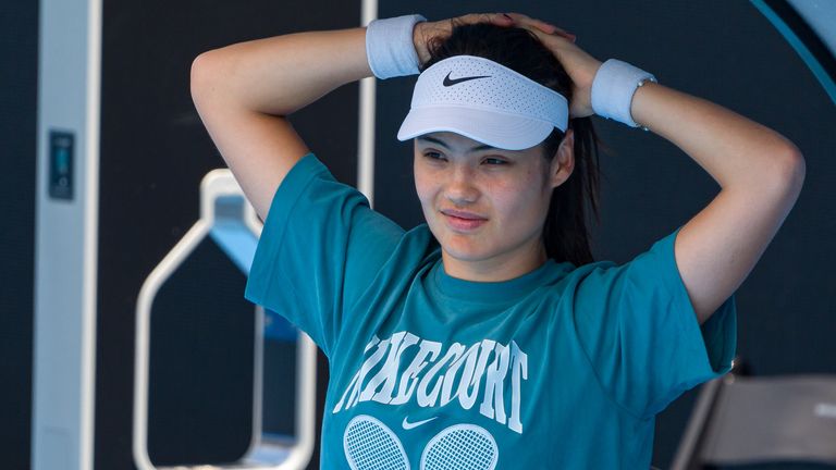 Emma Raducanu of Great Britain reacts during a practice session ahead of the 2025 Australian Open at Melbourne Park on January 10, 2025 in Melbourne, Australia. (Photo by Andy Cheung/Getty Images)