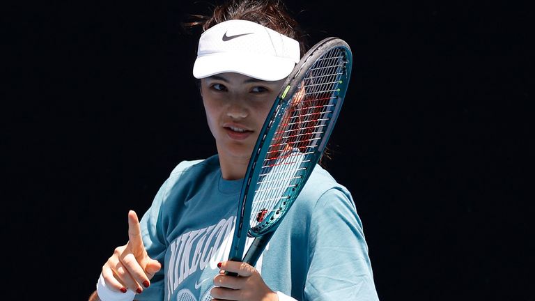 Emma Raducanu of Great Britain gestures during a practice session ahead of the 2025 Australian Open at Melbourne Park on January 10, 2025 in Melbourne, Australia. (Photo by Daniel Pockett/Getty Images)