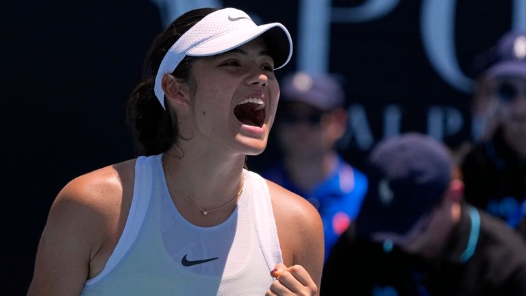 Emma Raducanu of Britain celebrates after defeating Ekaterina Alexandrova of Russia in their first round match at the Australian Open tennis championship in Melbourne, Australia, Tuesday, Jan. 14, 2025. (AP Photo/Manish Swarup)