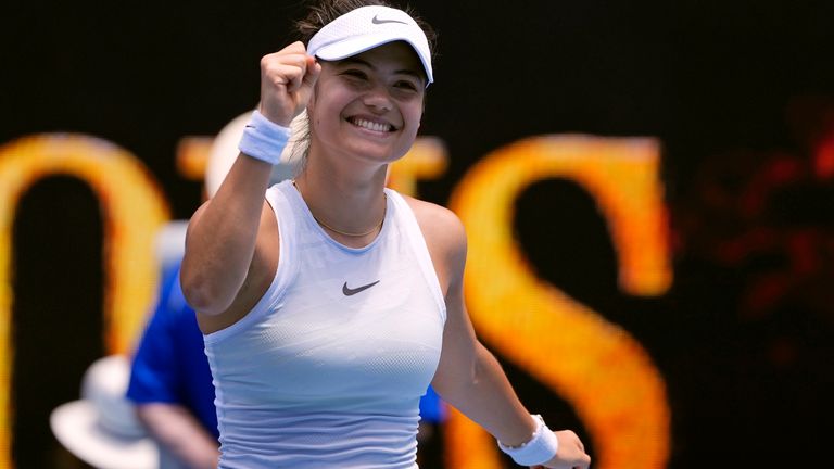 Emma Raducanu of Britain celebrates after defeating Amanda Anisimova of the U.S. in their second round match at the Australian Open tennis championship in Melbourne, Australia, Thursday, Jan. 16, 2025. (AP Photo/Vincent Thian)