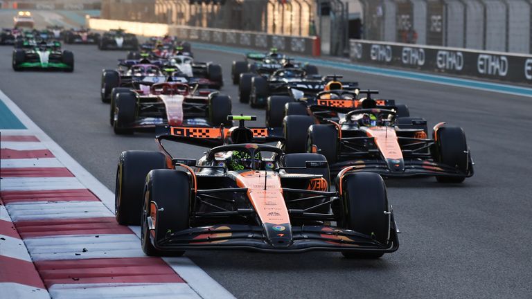 McLaren driver Lando Norris of Britain leads at the start during the Formula One Abu Dhabi Grand Prix at the Yas Marina Circuit in Abu Dhabi, UAE, Sunday, Dec. 8, 2024. (AP Photo/Hamad I Mohammed, Pool)