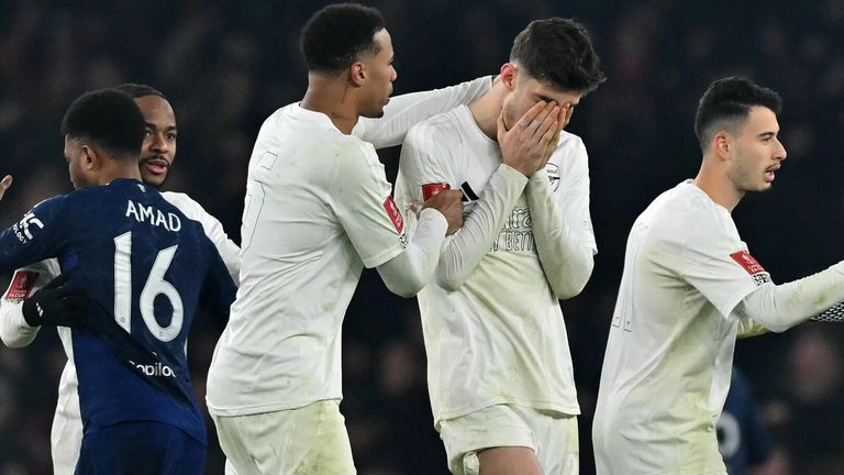 Kai Havertz is consoled after missing a penalty in Arsenal's shootout loss to Manchester United