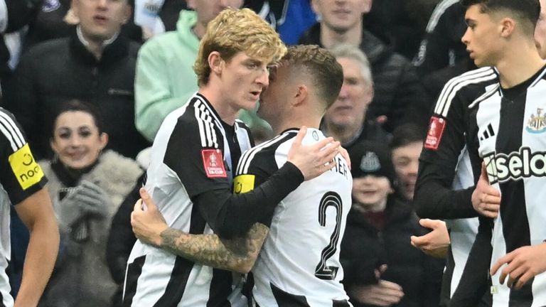 Anthony Gordon is congratulated after converting a penalty to give Newcastle a 2-1 lead against Bromley